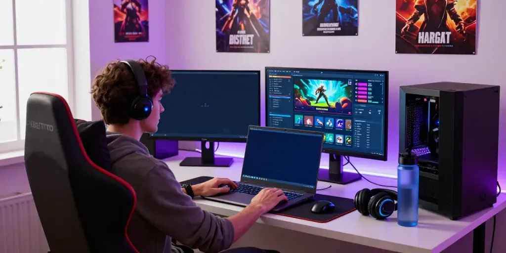 Engaged user accessing harga toto on a laptop in a vibrant gaming setup.