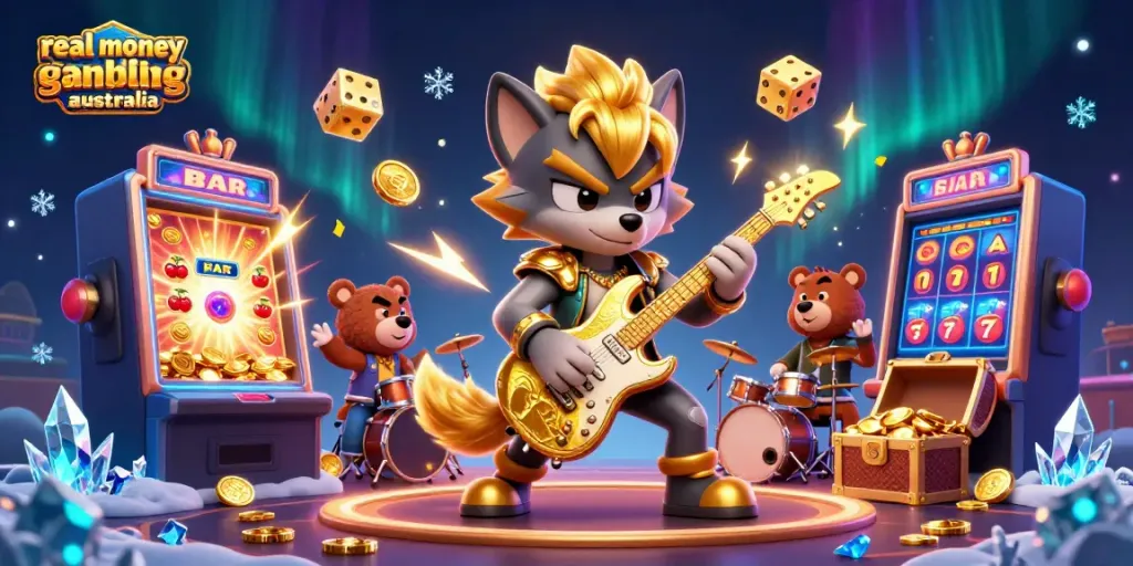 Engaging scene illustrating real money online gambling Australia with a wolf rock star and a bear drummer, vibrant casino elements.