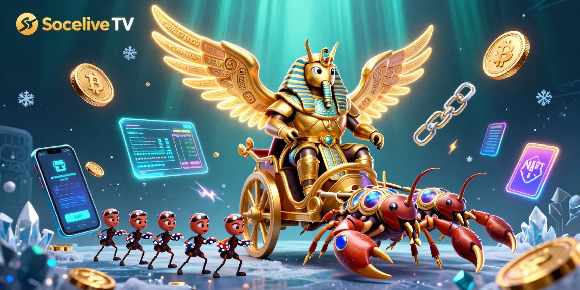 Socolive TV showcases vibrant golden scarab characters amidst cryptocurrency action, engaging bettors.