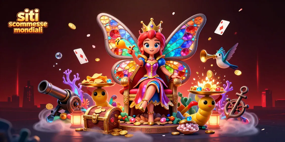 Scommetti sui siti scommesse mondiali con un'illustrazione 3D vivace e dettagliata di una regina farfalla e artefatti da gioco.