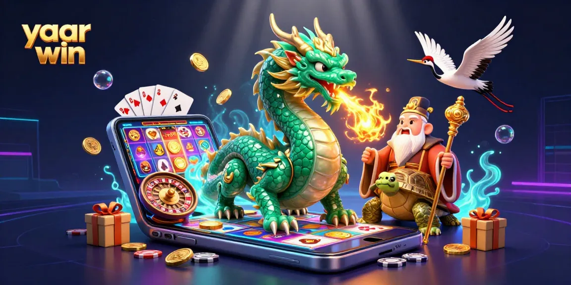 Engage with yaar win's vibrant 3D casino scene, featuring a jade dragon and cartoon characters.