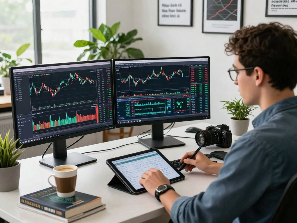 Engaged trader using TradingView in a modern office setting with charts and indicators.