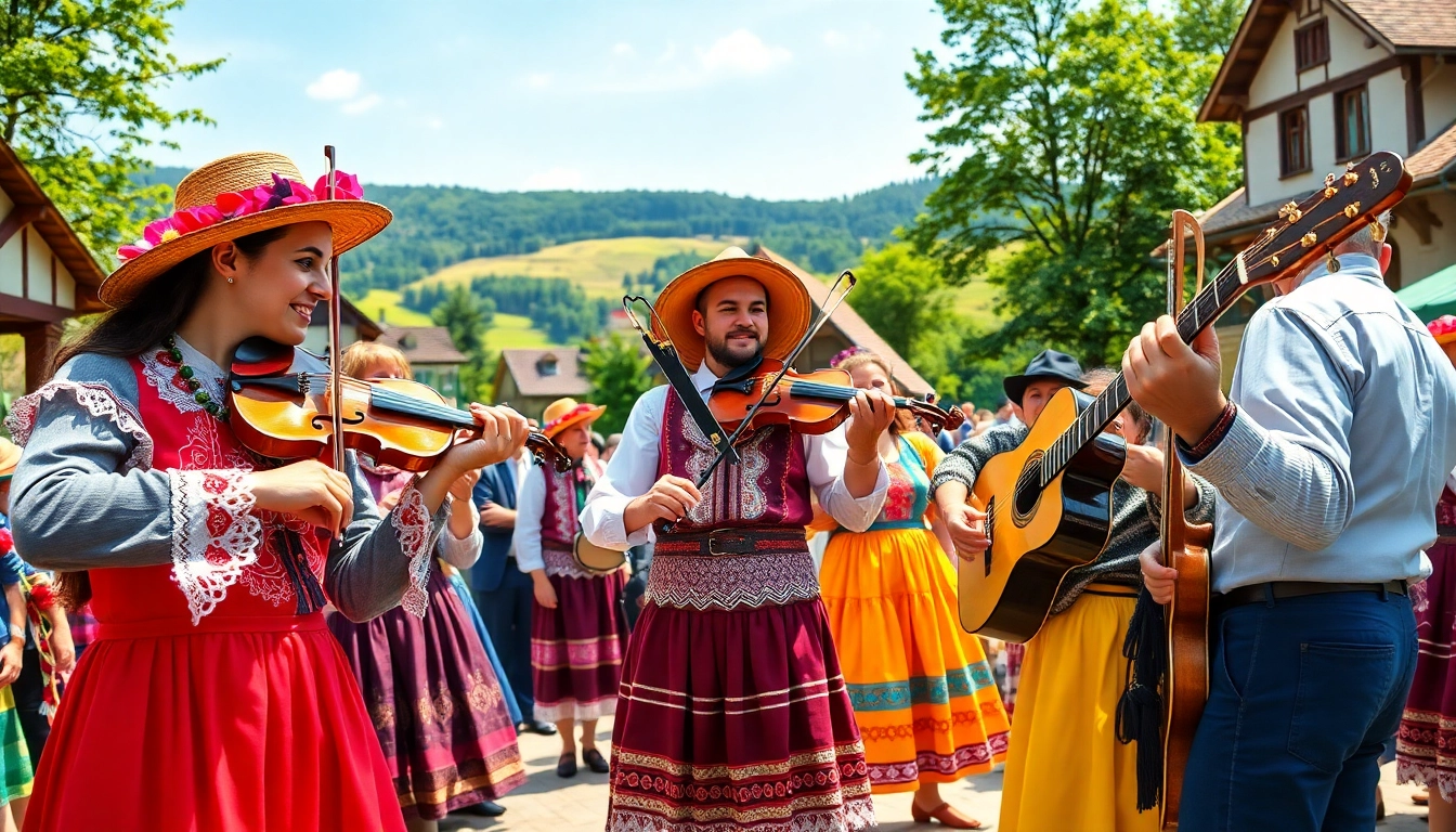 Asculți muzica populară românească la un festival plin de viață și tradiție.