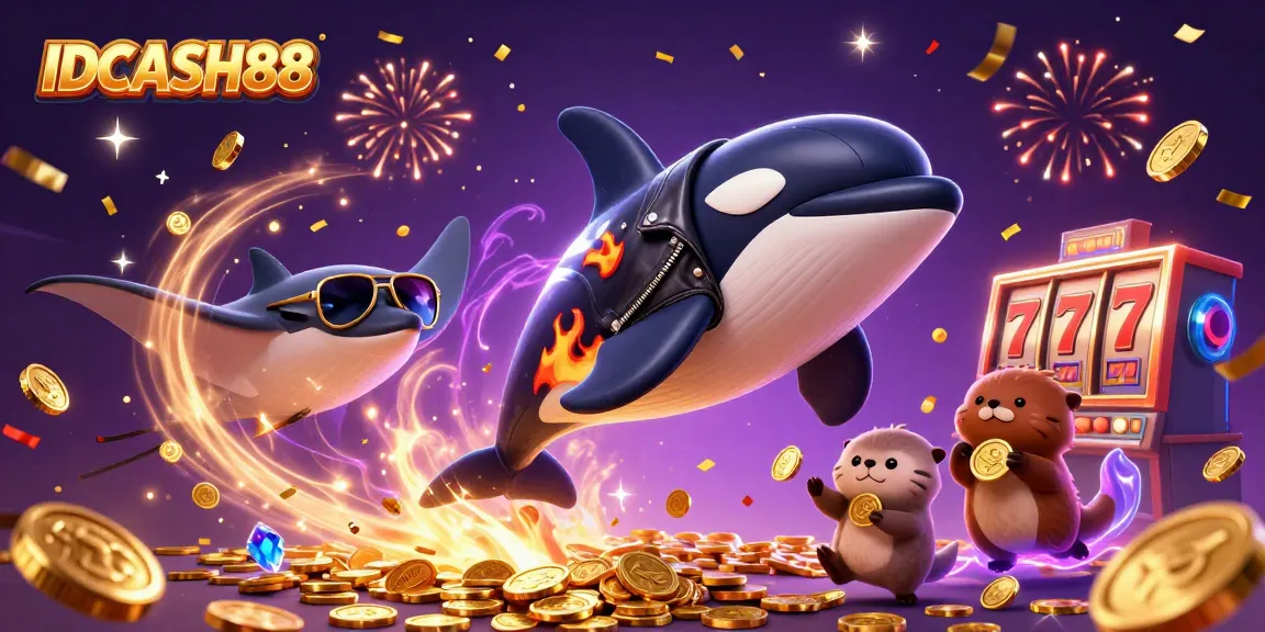 Spin the reels with IDCASH88, featuring a dynamic scene of sea creatures celebrating casino wins.