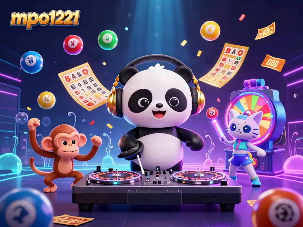 Experience the excitement of mpo1221 as a DJ panda spins on roulette wheels surrounded by festive gambling elements.