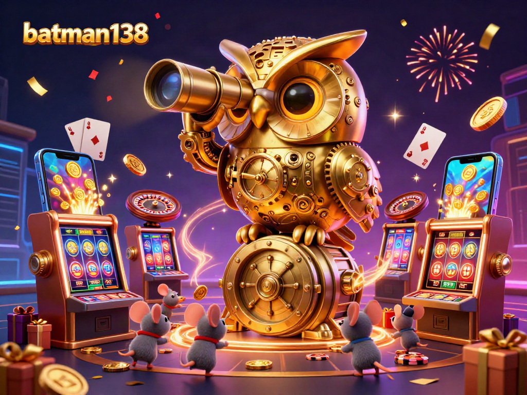 The batman138 platform showcases lucky elements like spinning reels and golden coins in a vibrant casino scene.