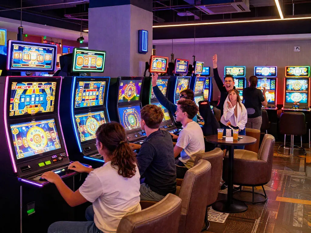 Players enjoying engaging slot games in a lively gaming lounge.