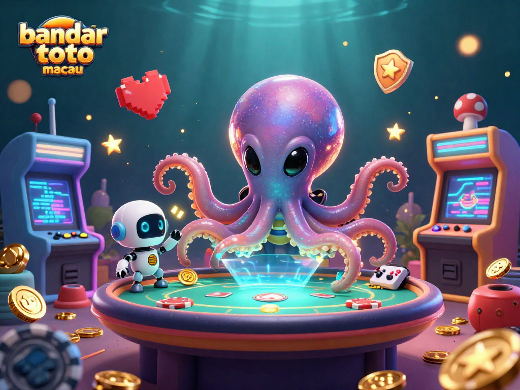 Bidders win big at bandar toto macau with vibrant casino-themed adventure featuring an alien octopus and poker table.