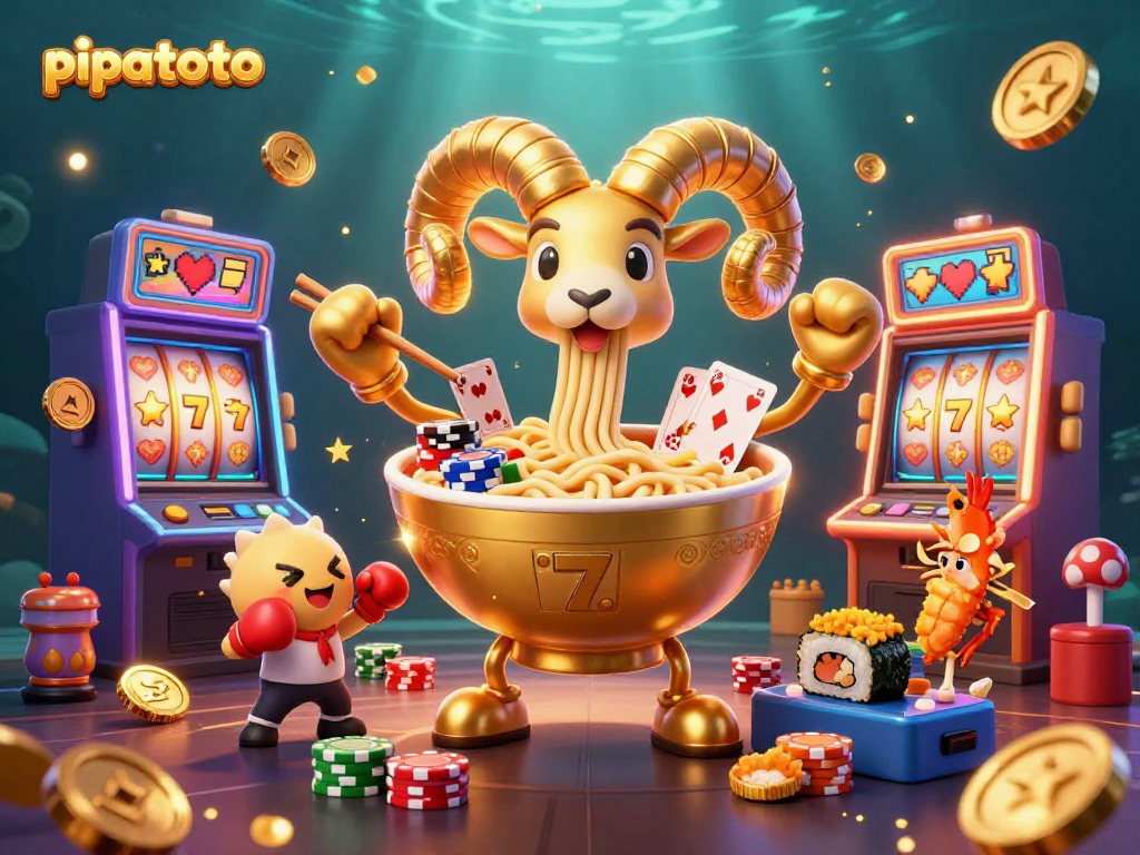 Pipatoto slots feature a colorful scene with a giant ramen bowl dealer stacking chips and cards.