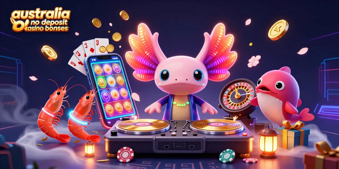 australia no deposit casino bonuses visualizing vibrant casino elements with a neon axolotl DJ and dancing characters