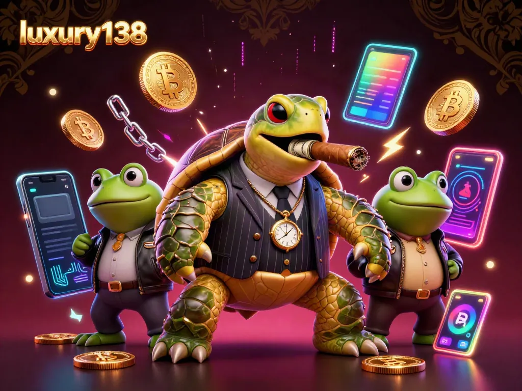 Experience the excitement of luxury138 with a 3D illustration of a snapping turtle mobster amidst crypto coins and energetic elements.