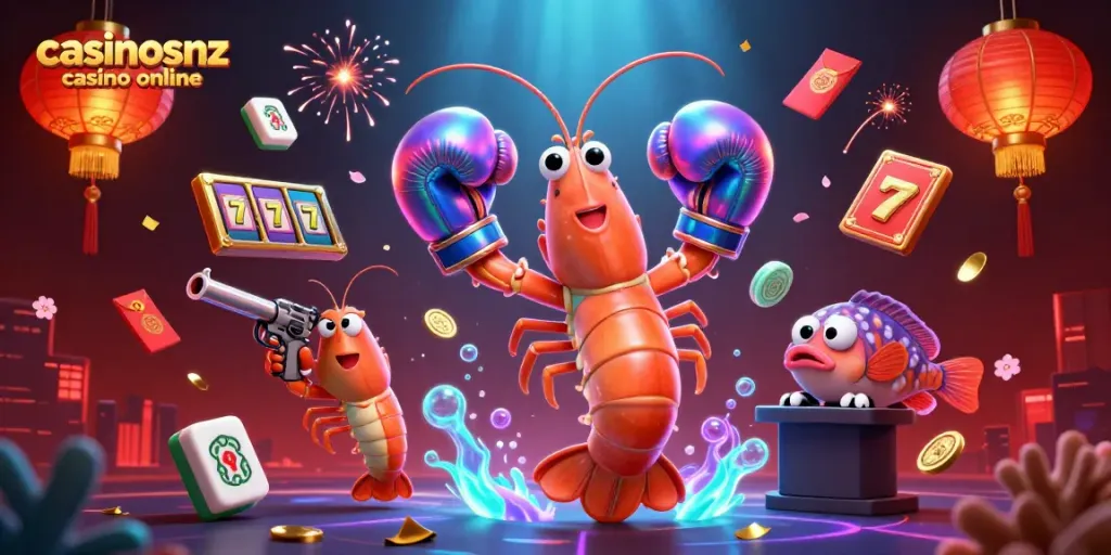 Engage with casinosnz casino online through vibrant 3D illustration of casino action featuring lucky symbols.