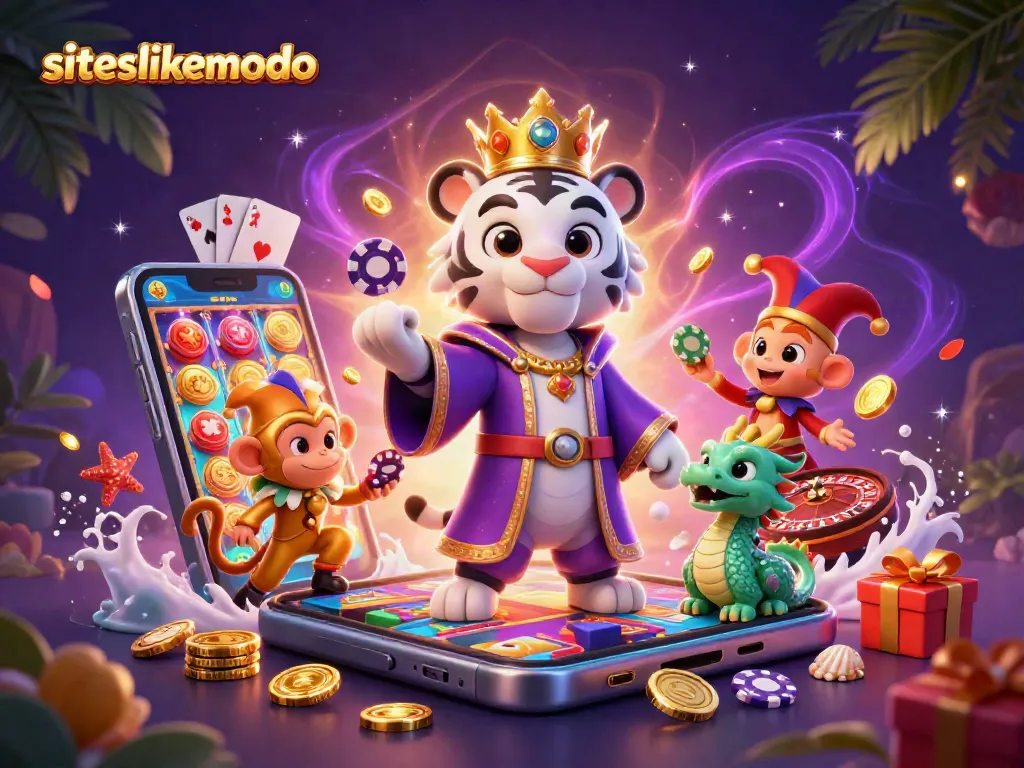 Spin slots at siteslikemodo with a royal tiger, playful monkey, and jade dragon amidst vibrant casino elements.