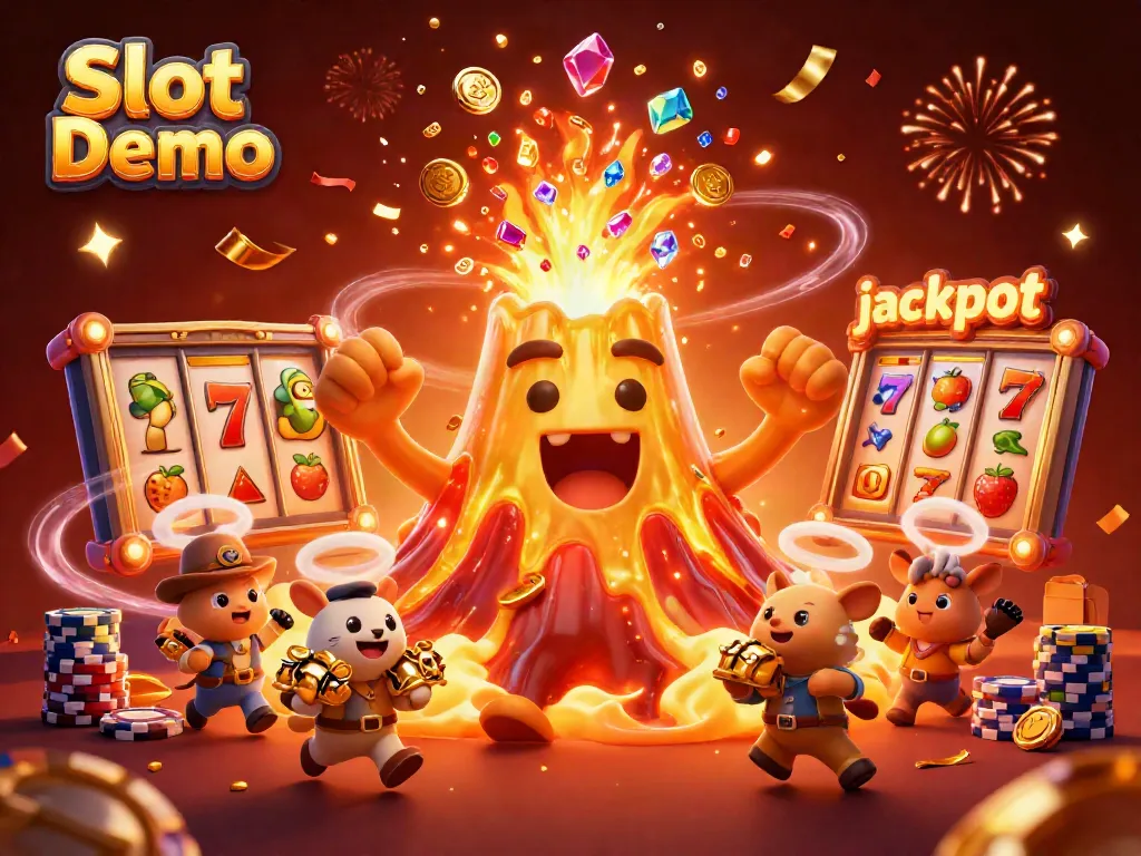 Spin the reels of Slot Demo with a golden volcano erupting treasures and vibrant jackpots!