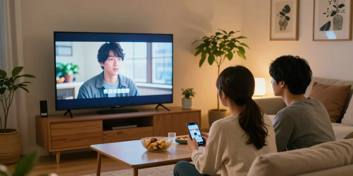 年轻情侣在家中享受温馨的夜晚，悠闲观看日本AV内容，周围有零食和手机，营造出温暖的氛围。