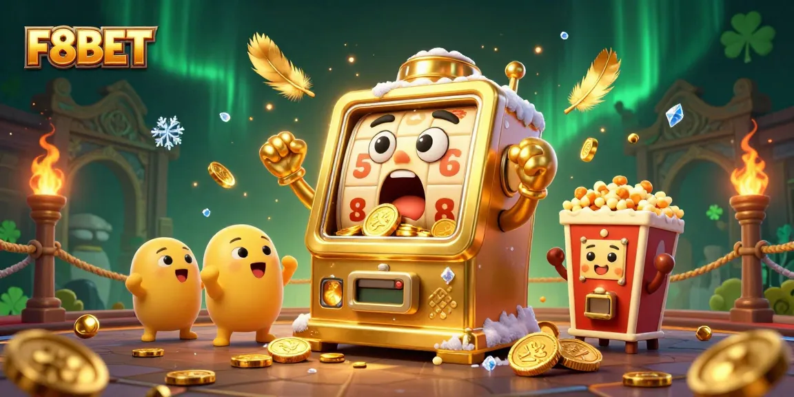 F8BET slot machine hitting a jackpot amidst a vibrant, dynamic casino scene of excitement.