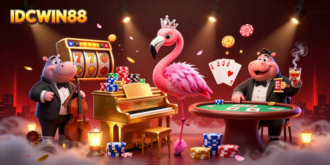 Experience thrilling gaming at IDCWIN88 with a vibrant casino scene and dynamic characters.