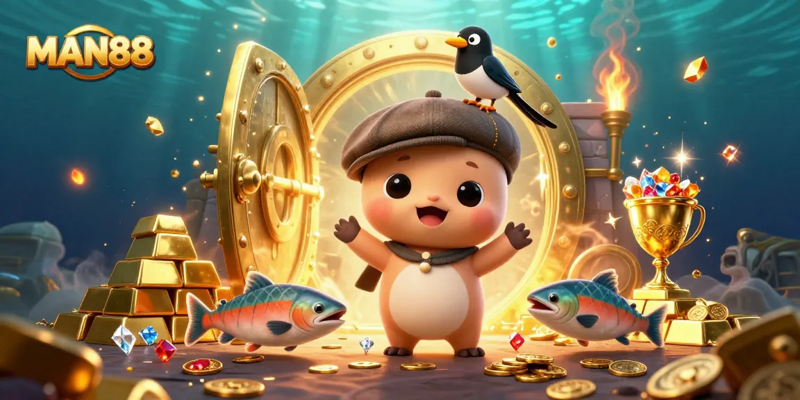 Experience the thrills at MAN88 with vibrant treasures and fun characters in a dynamic casino scene.