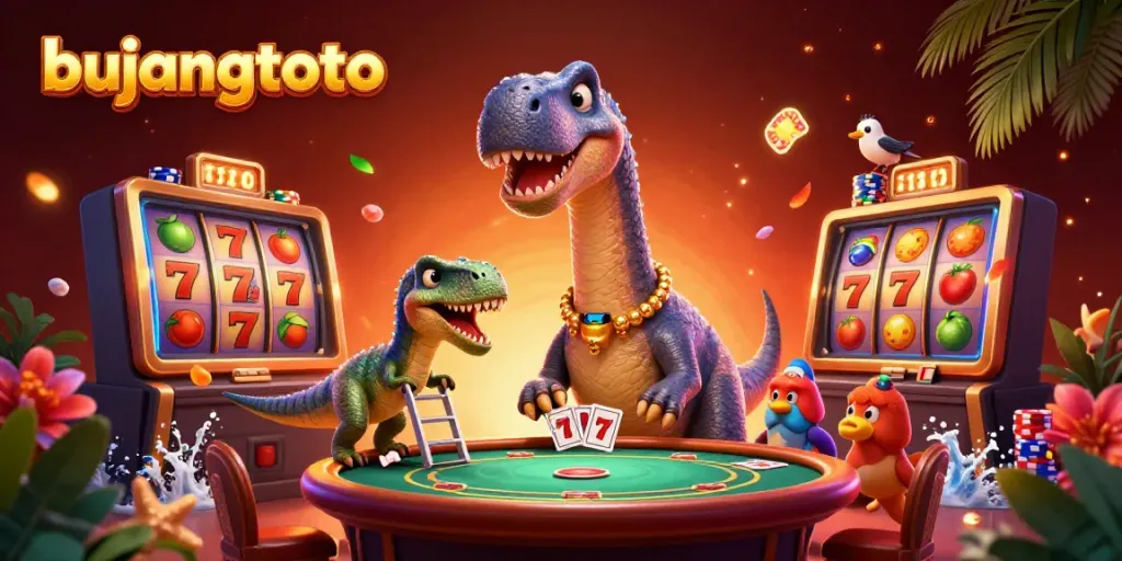 Experience bujangtoto action with a vibrant casino scene featuring a massive brontosaurus and lucky slot reels.