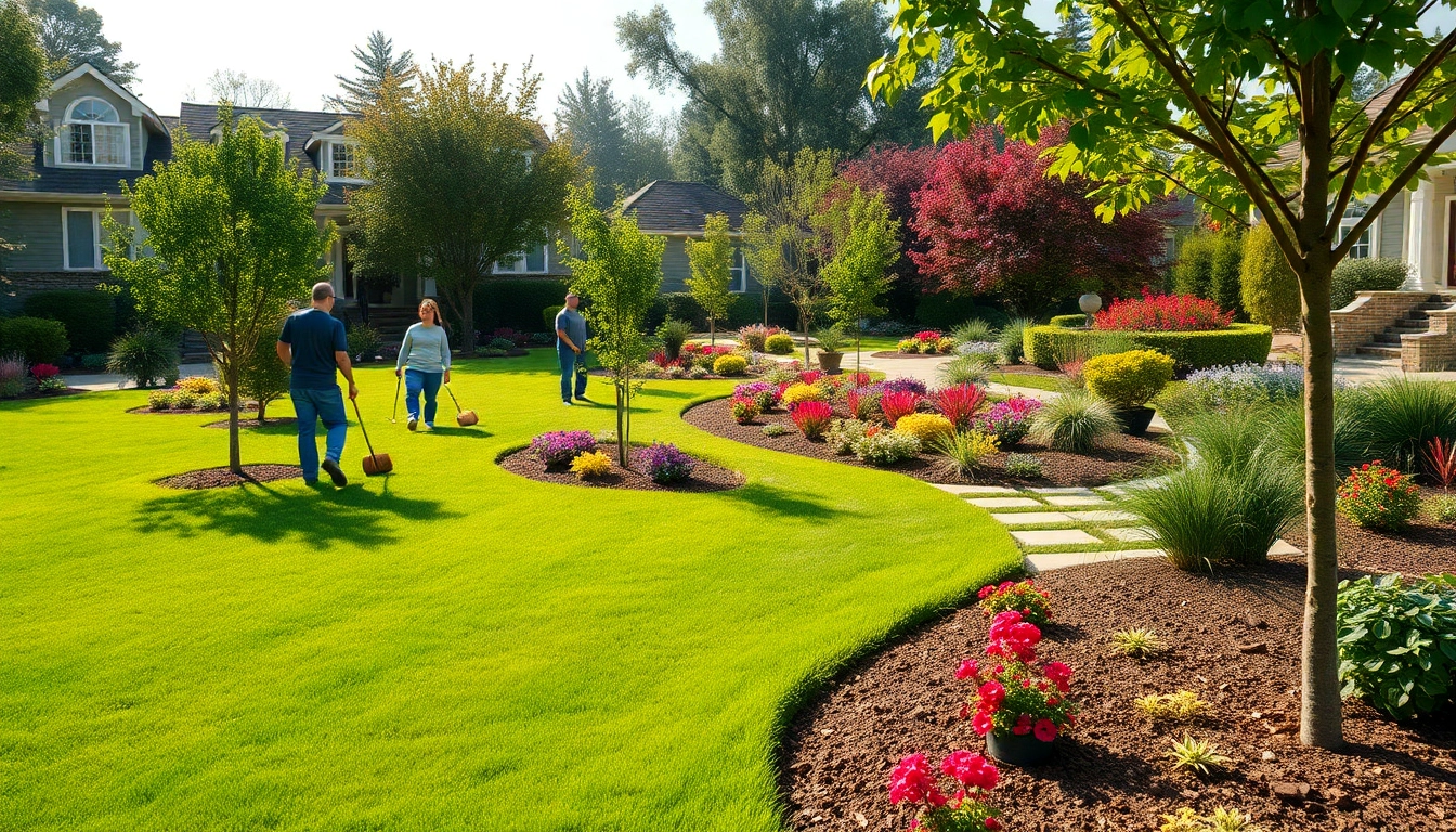 Landscaping services team creating a vibrant garden with planting and design.