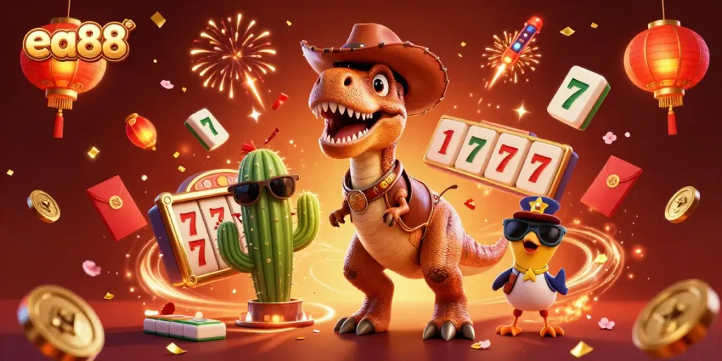 ea88, hình ảnh hoạt hình 3D của T-Rex và bạn đồng hành trong sòng bạc với jackpot và biểu tượng may mắn