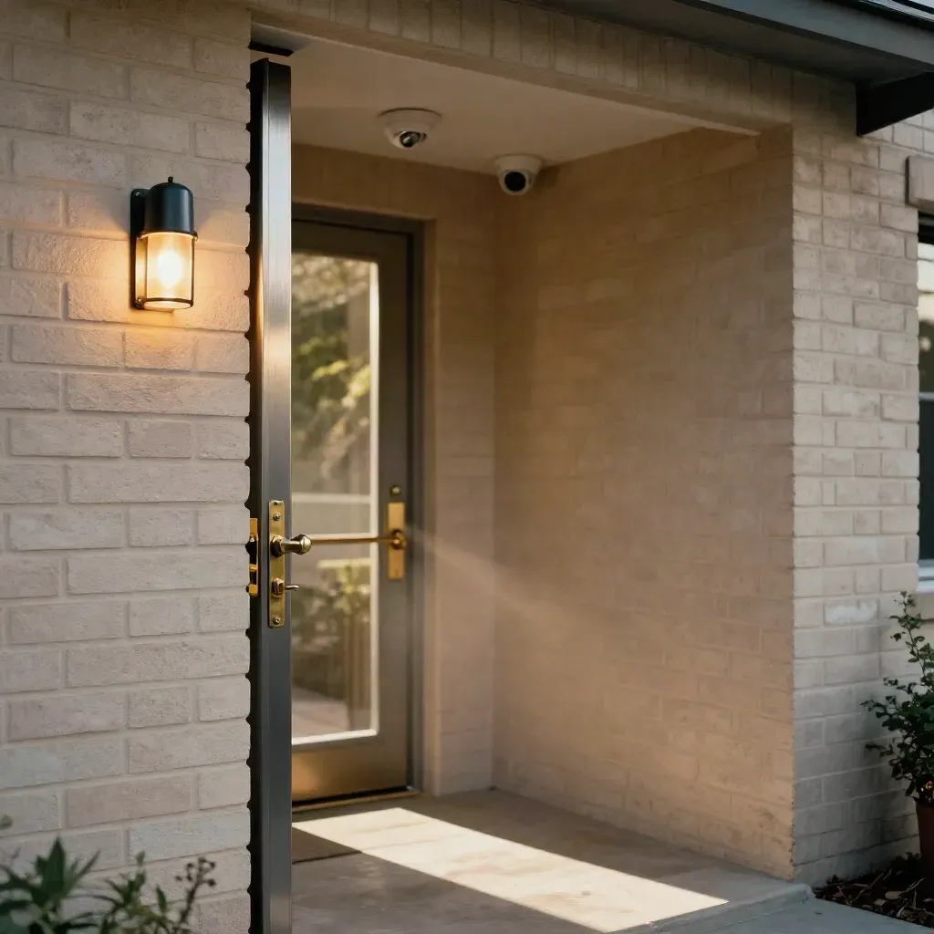 Front entry audit with new deadbolt, strike plate, porch light, and ceiling security domes.