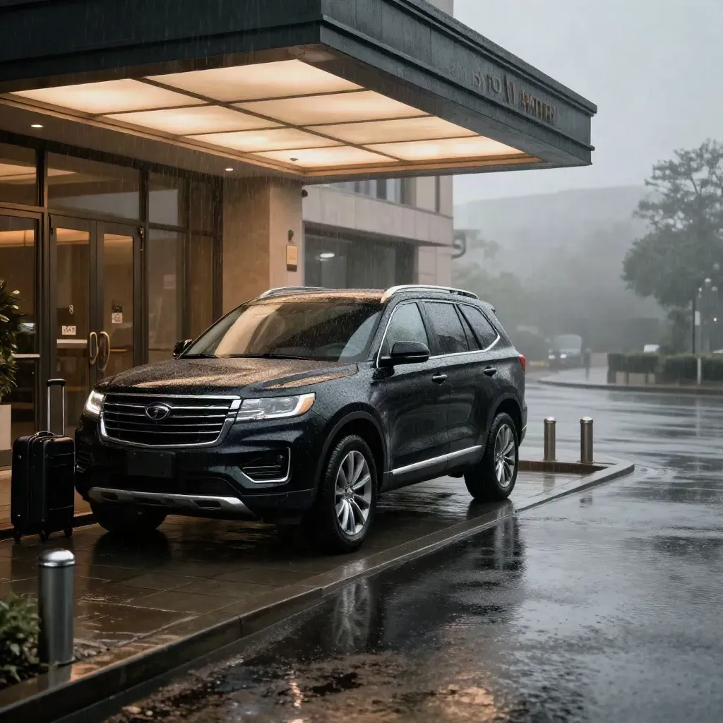 Black SUV at a rain-slick hotel curb with bollards, lit portico, and luggage trolleys at dusk.