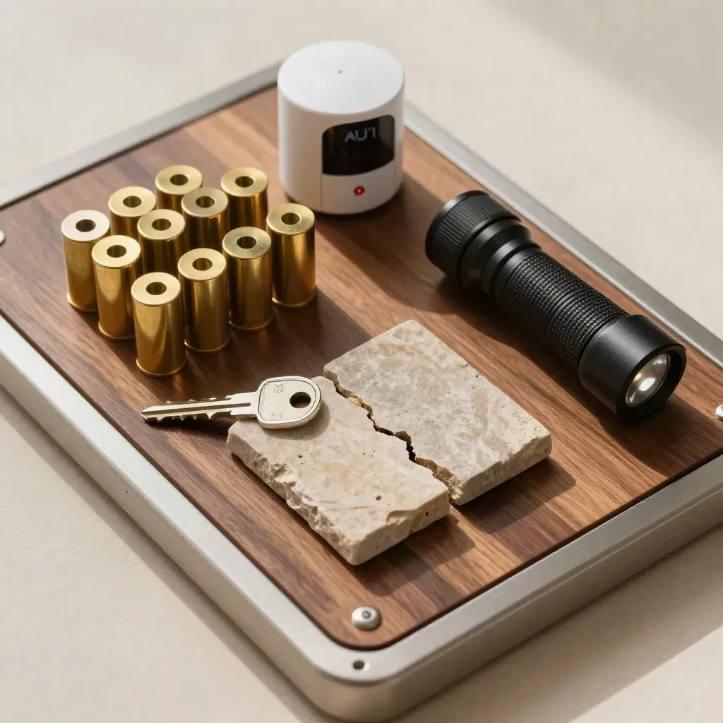 Top-down security audit still life with lock cylinders, sensor, flashlight, key, and stone threshold sample.