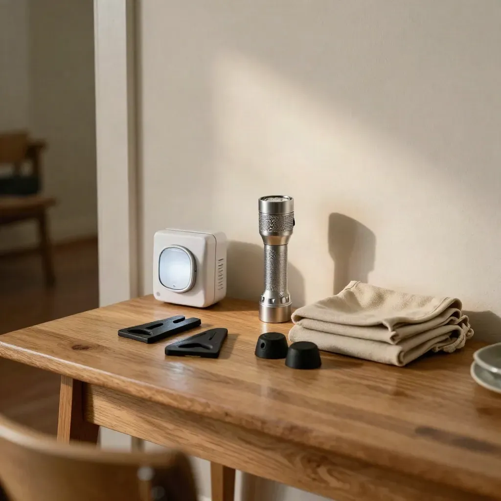 Emergency drill kit with alarm puck, exit light, flashlight, and doorstop wedges on a table