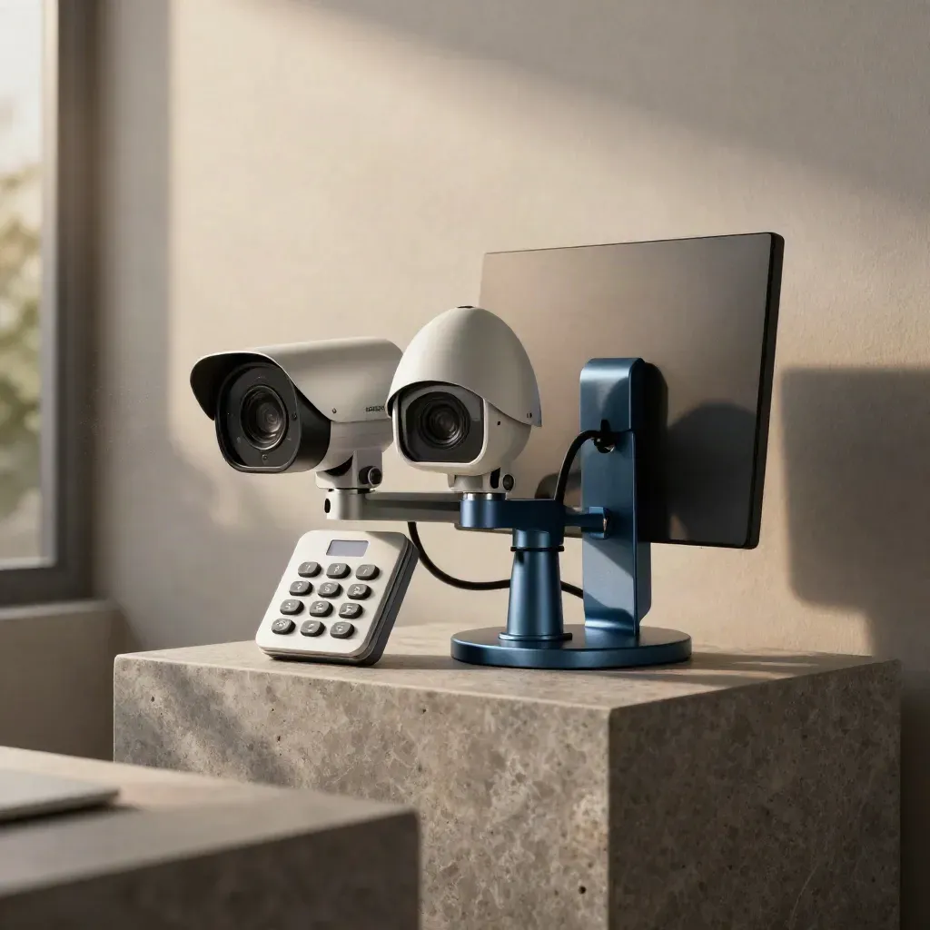 Security cameras, keypad, and monitor mount on stone, lit by warm window light.