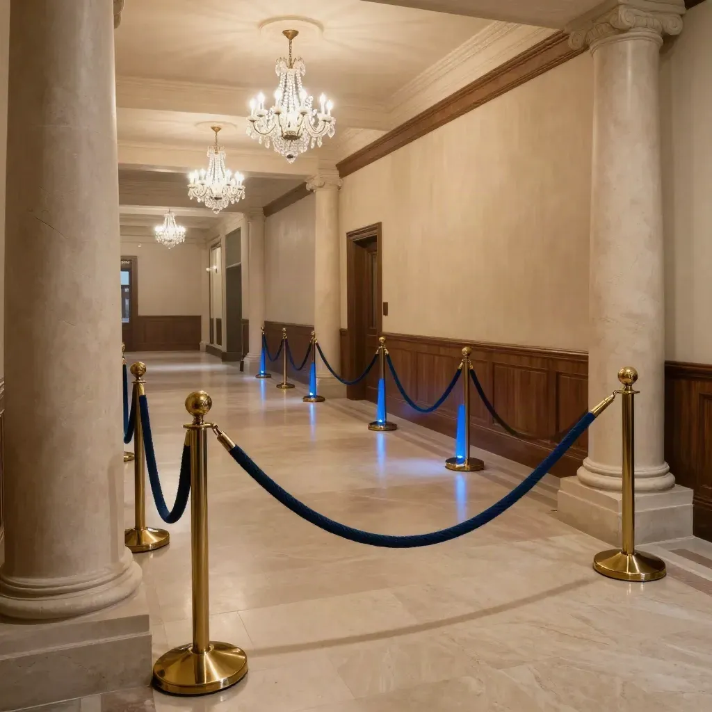 Empty grand foyer with velvet ropes, metal barriers, and steel-blue uplights under warm chandeliers.
