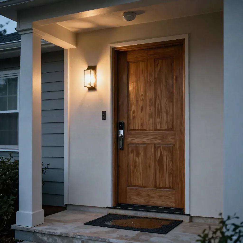 Refreshed front door with smart lock, sconce, and porch camera at blue hour
