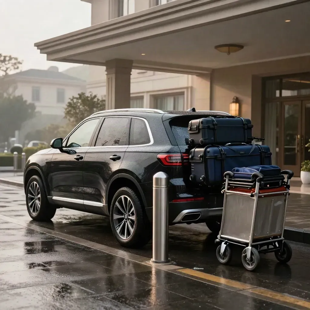 Black SUV with stacked cases under a hotel canopy after rain, mist and morning light.