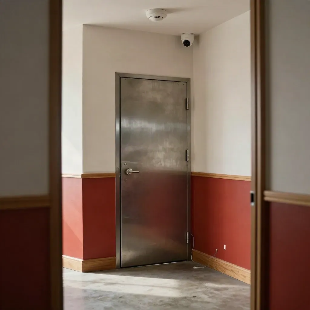 Secure office corner with door hardware, smoke detector, dome camera, and tidy cables