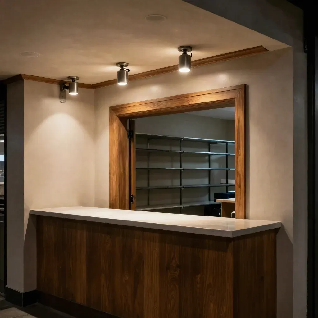 Moody retail shop interior with four ceiling cameras, a counter sightline, and an open stockroom doorway.