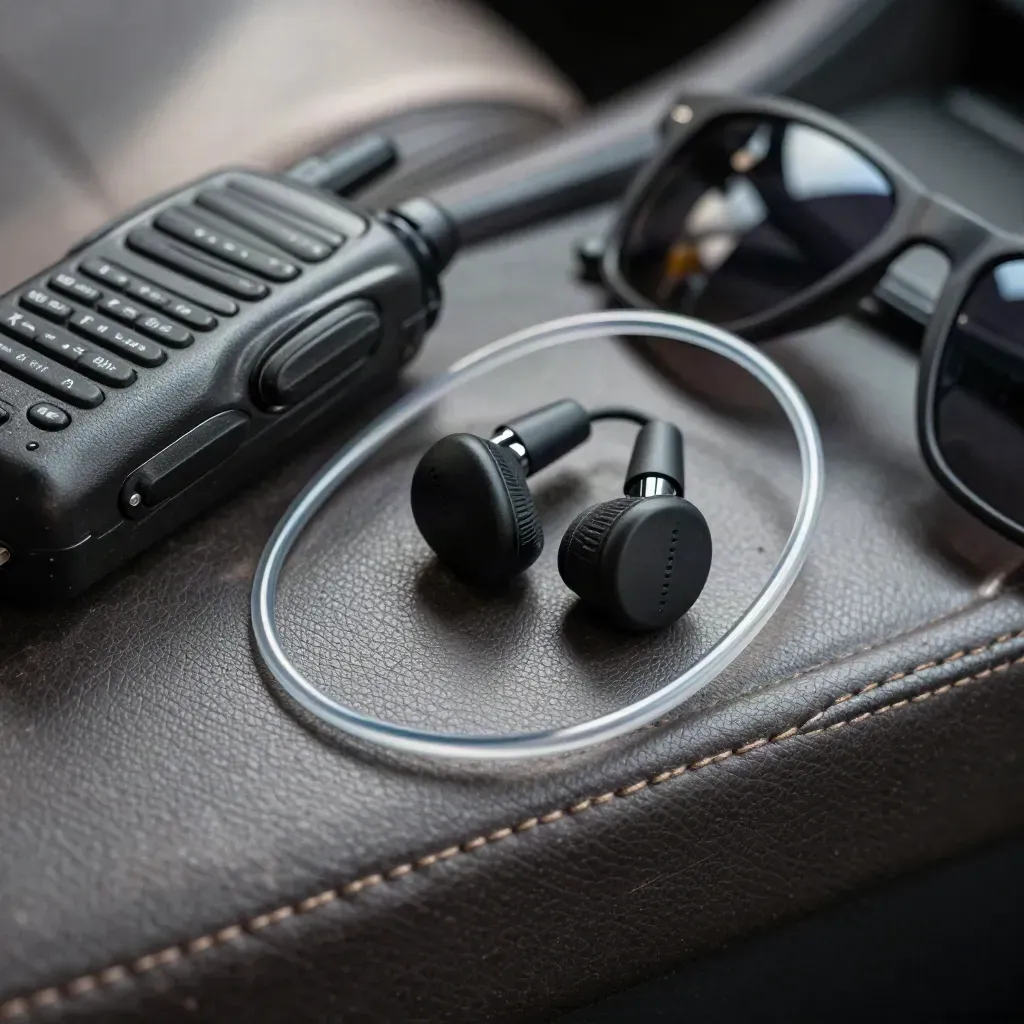 Macro still life of security comms gear on a leather vehicle console