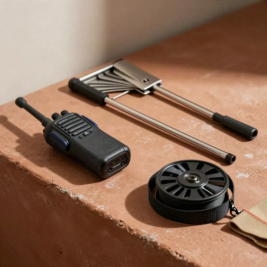 Event security kit with radio, barrier clip, detector wand, and lanyard reel on terracotta surface.