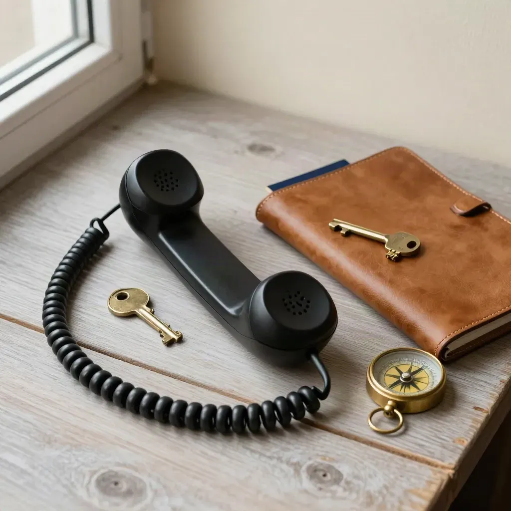 Overhead still life of a phone handset, brass key, compass and leather folio on pale wood