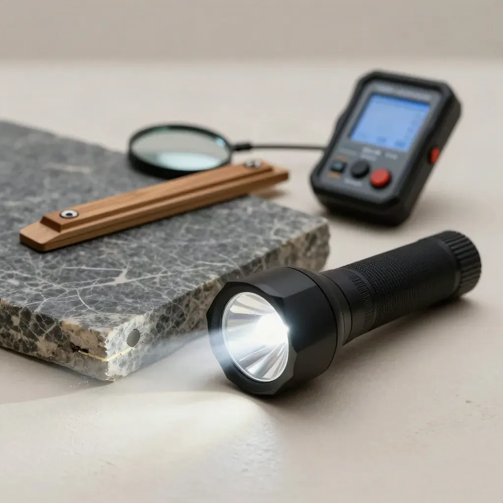 Flashlight, threshold sample, shim, mirror and sensor meter on pale stone