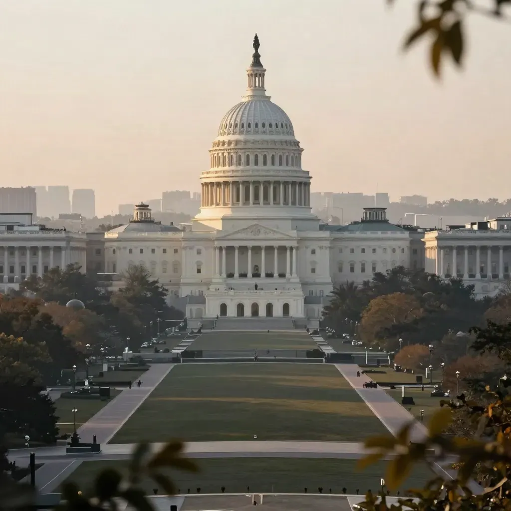 Washington, DC with the Capitol dome above hazy trees and rooftops at sunrise.