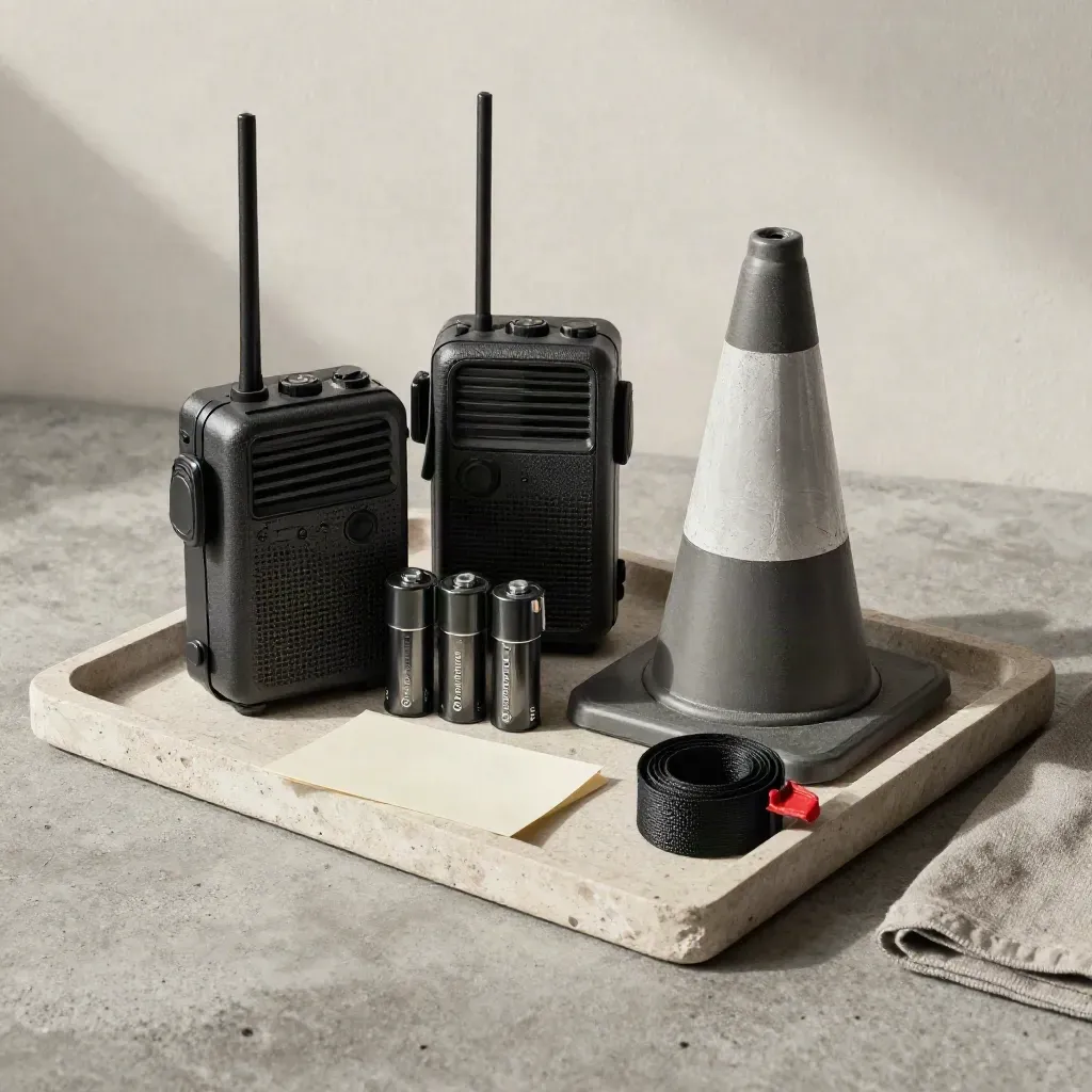 Security kit with radios, batteries, cone, and strap arranged on a stone tray.