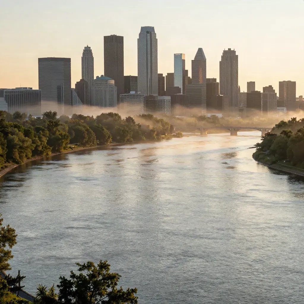 Arlington skyline above the Potomac in golden river mist