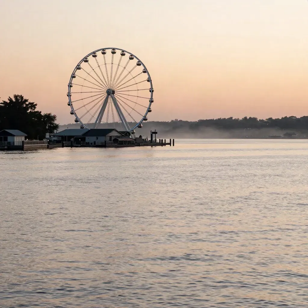 Sunset view of National Harbor wheel above the Potomac, with calm silver water and warm haze.