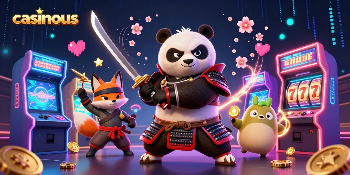 Experience thrilling gameplay at casinous with a samurai panda and ninja fox in a vibrant casino scene.