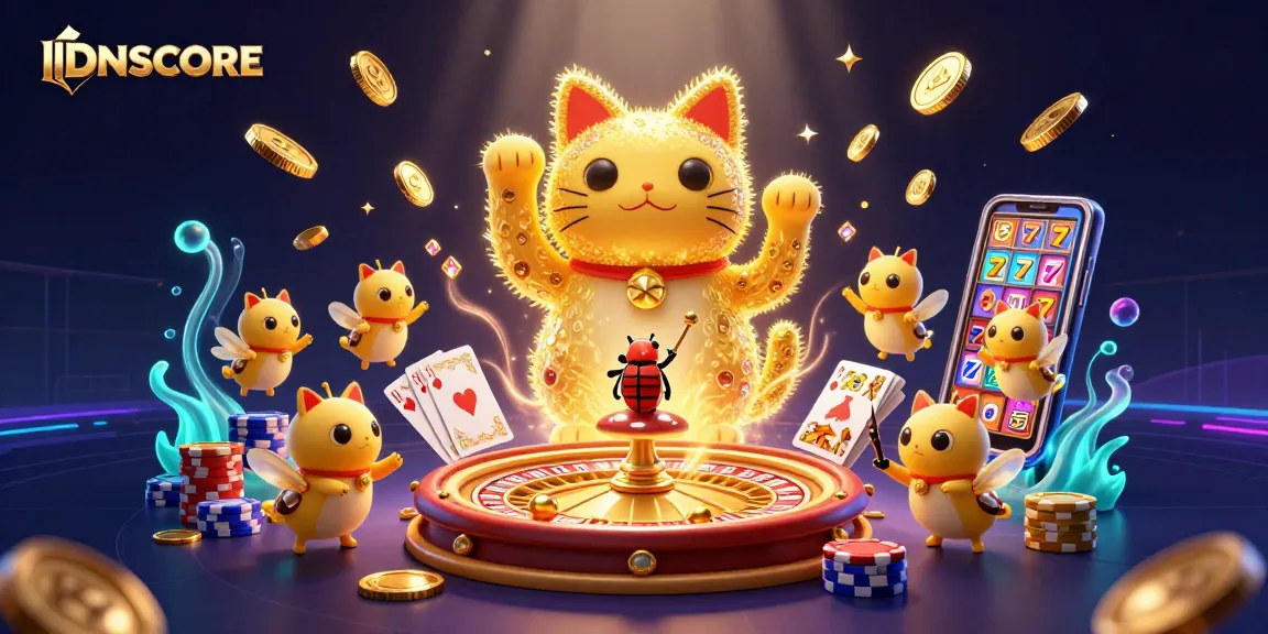 Experience thrilling gameplay at IDNSCORE with a vibrant scene including a lucky cat, casino symbols, and sparkling coins.