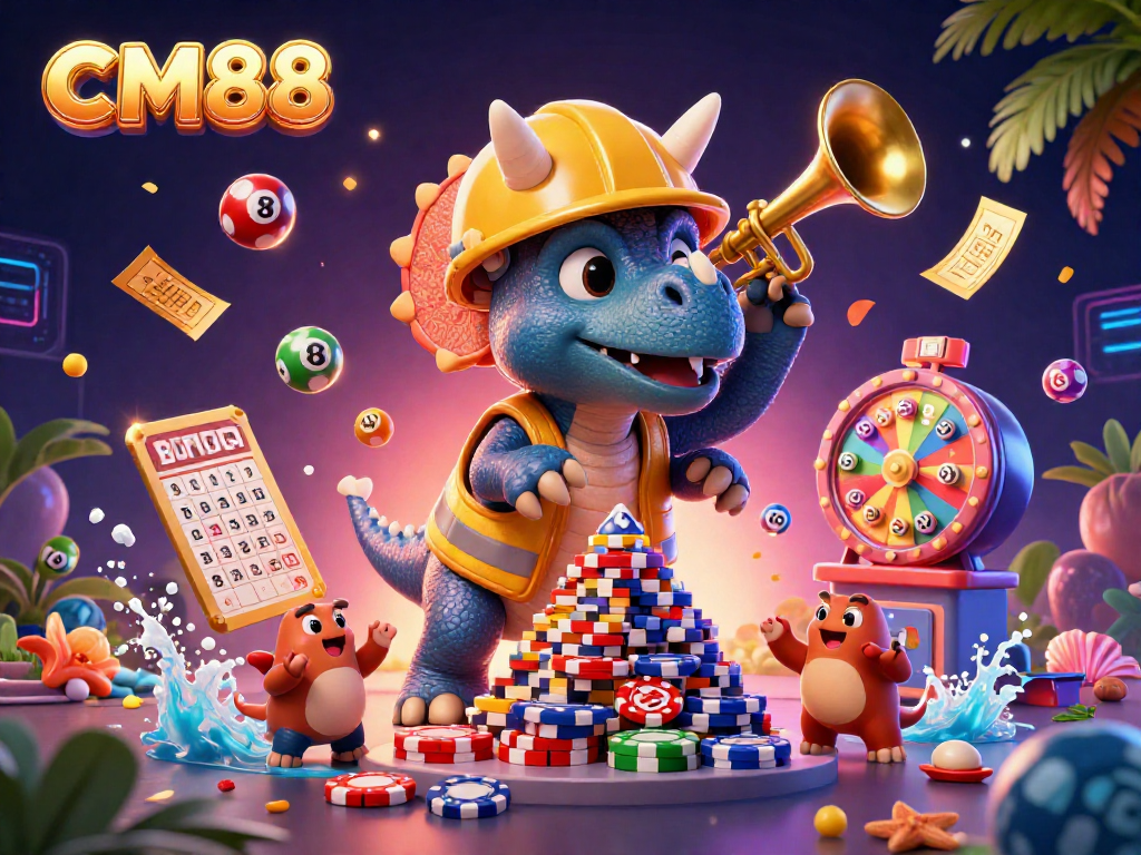 CM88 celebrates with a triceratops building poker chips as lottery balls bounce around, showcasing casino excitement.