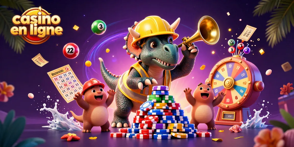 Jouer dans un casino en ligne avec un triceratops construisant des jetons de poker joyeusement.