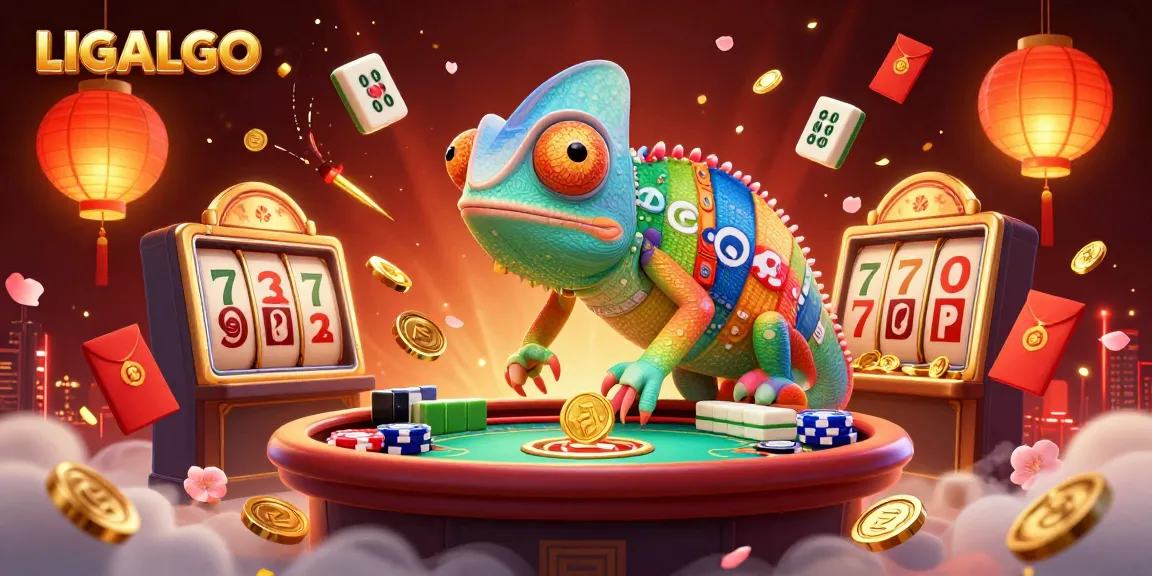 LIGALGO's animated chameleon casino owner amidst colorful slots and vibrant gambling elements.