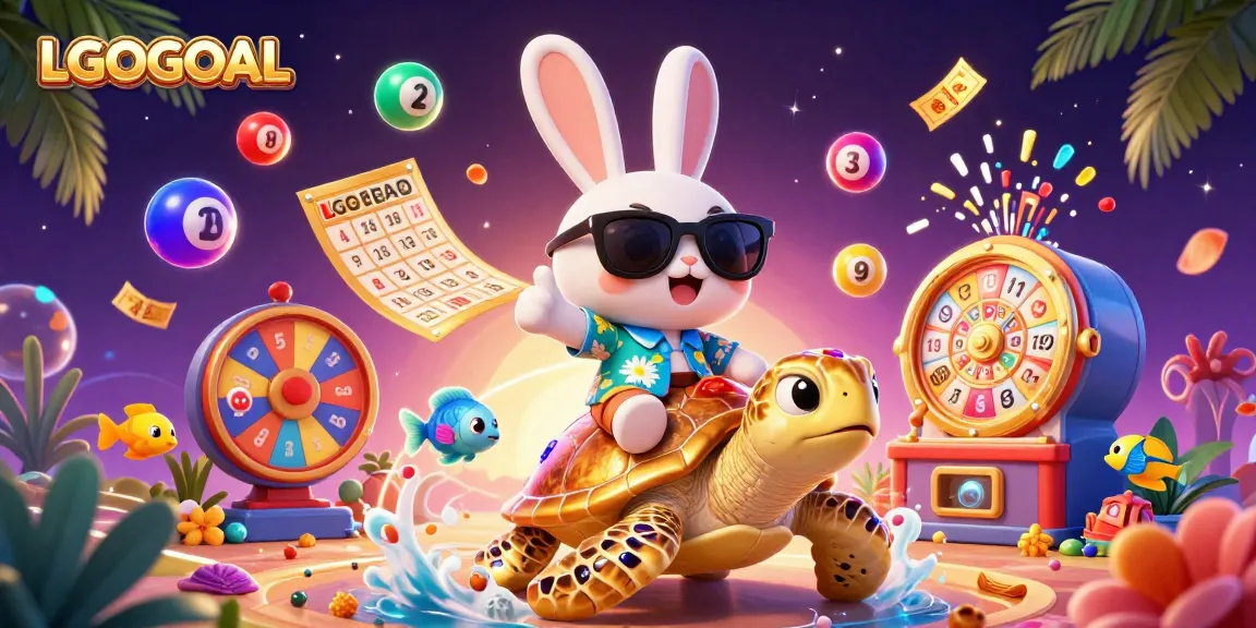 Experience vibrant gaming with LGOGOAL as a lucky rabbit rides a golden sea turtle amidst exciting lottery elements.