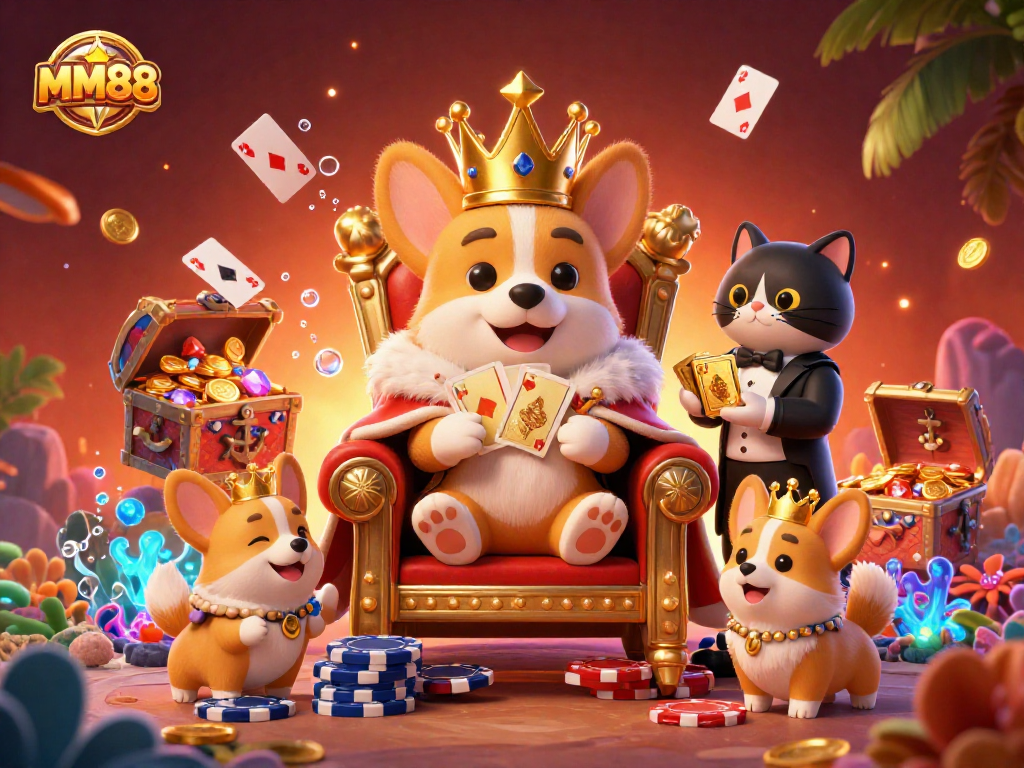 Experience MM88's thrilling casino adventure with playful corgis, cards, and treasure!